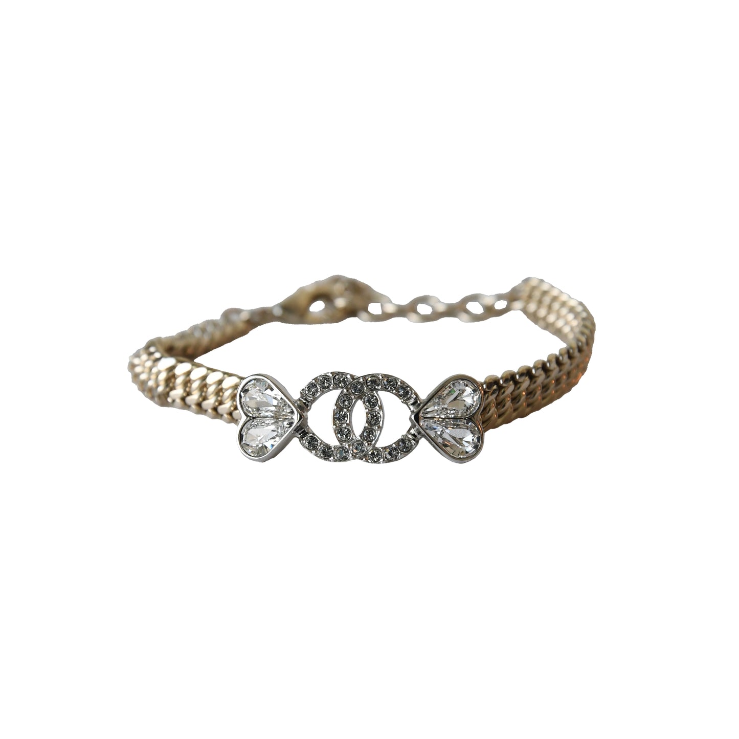 Chanel Crystal Strass CC Heart Chain Bracelet Gold