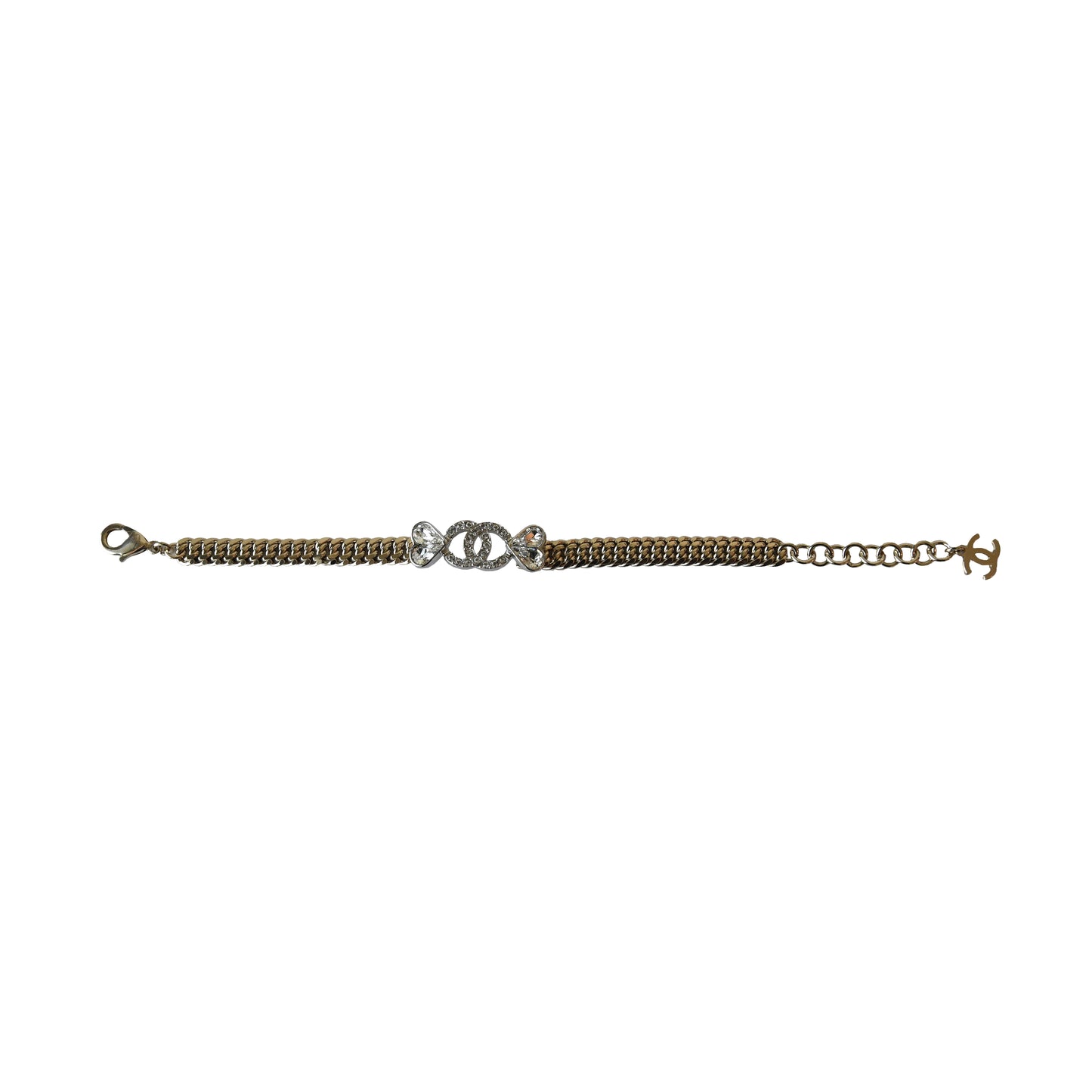 Chanel Crystal Strass CC Heart Chain Bracelet Gold