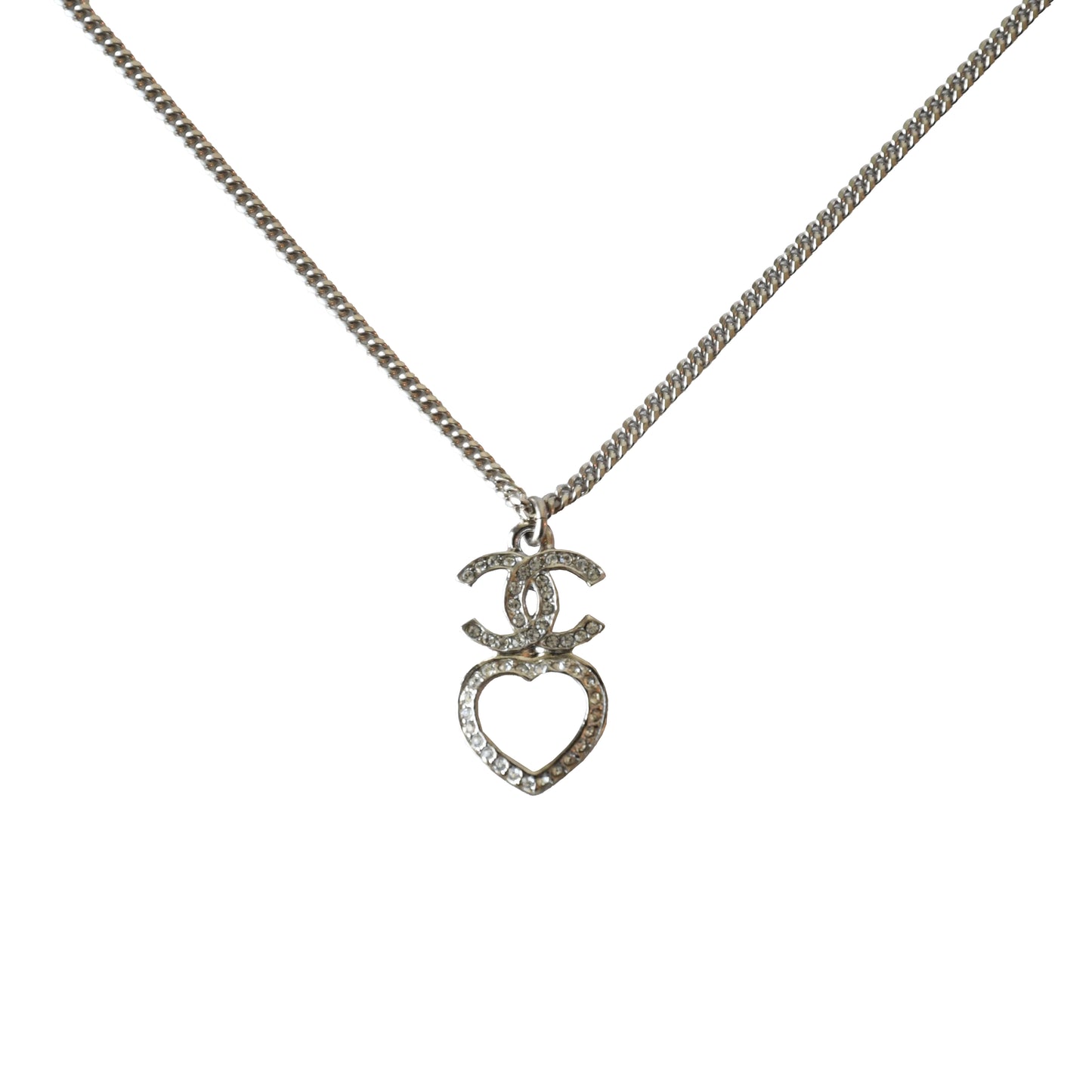Chanel Crystal Strass CC Heart Pendant Necklace Silver