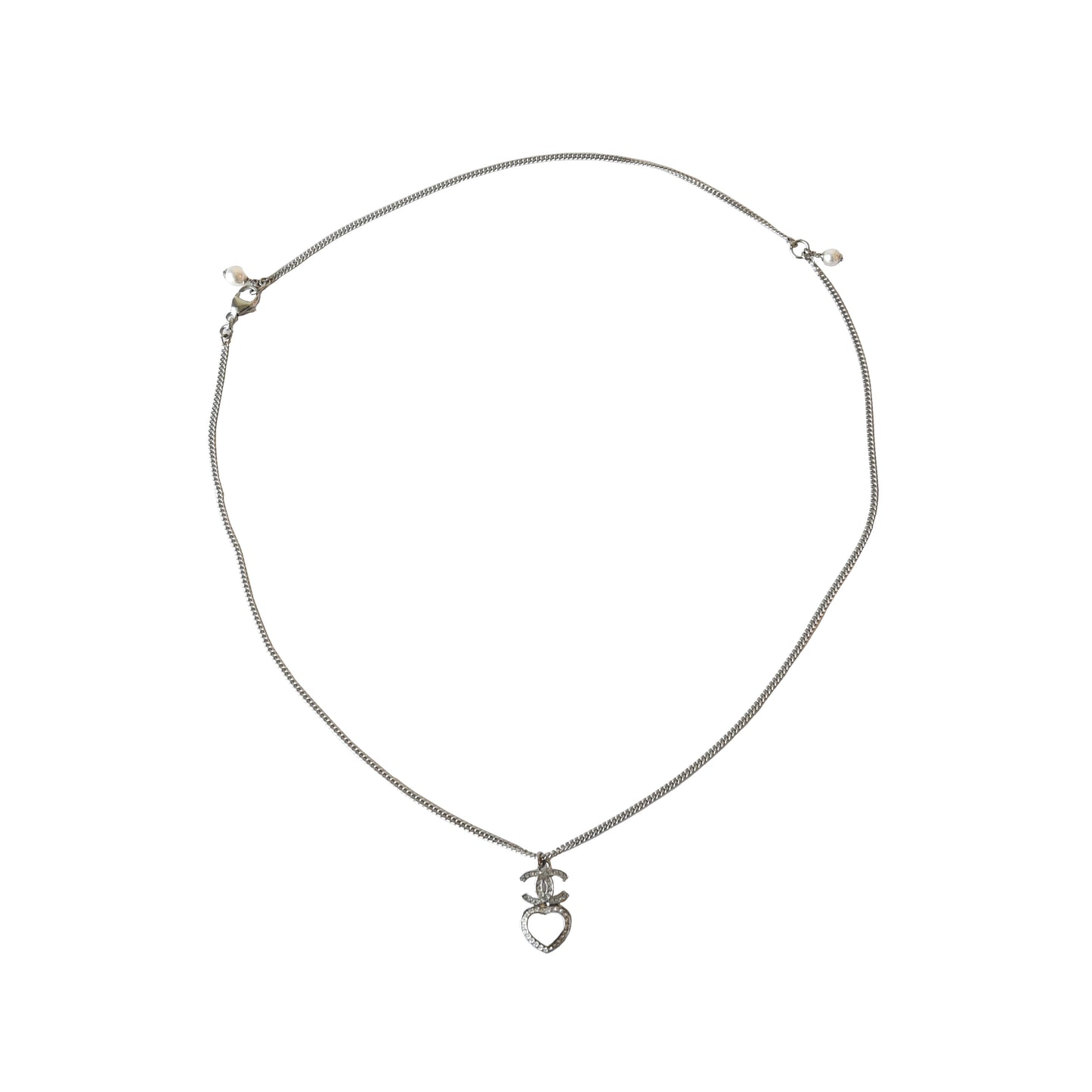 Chanel Crystal Strass CC Heart Pendant Necklace Silver