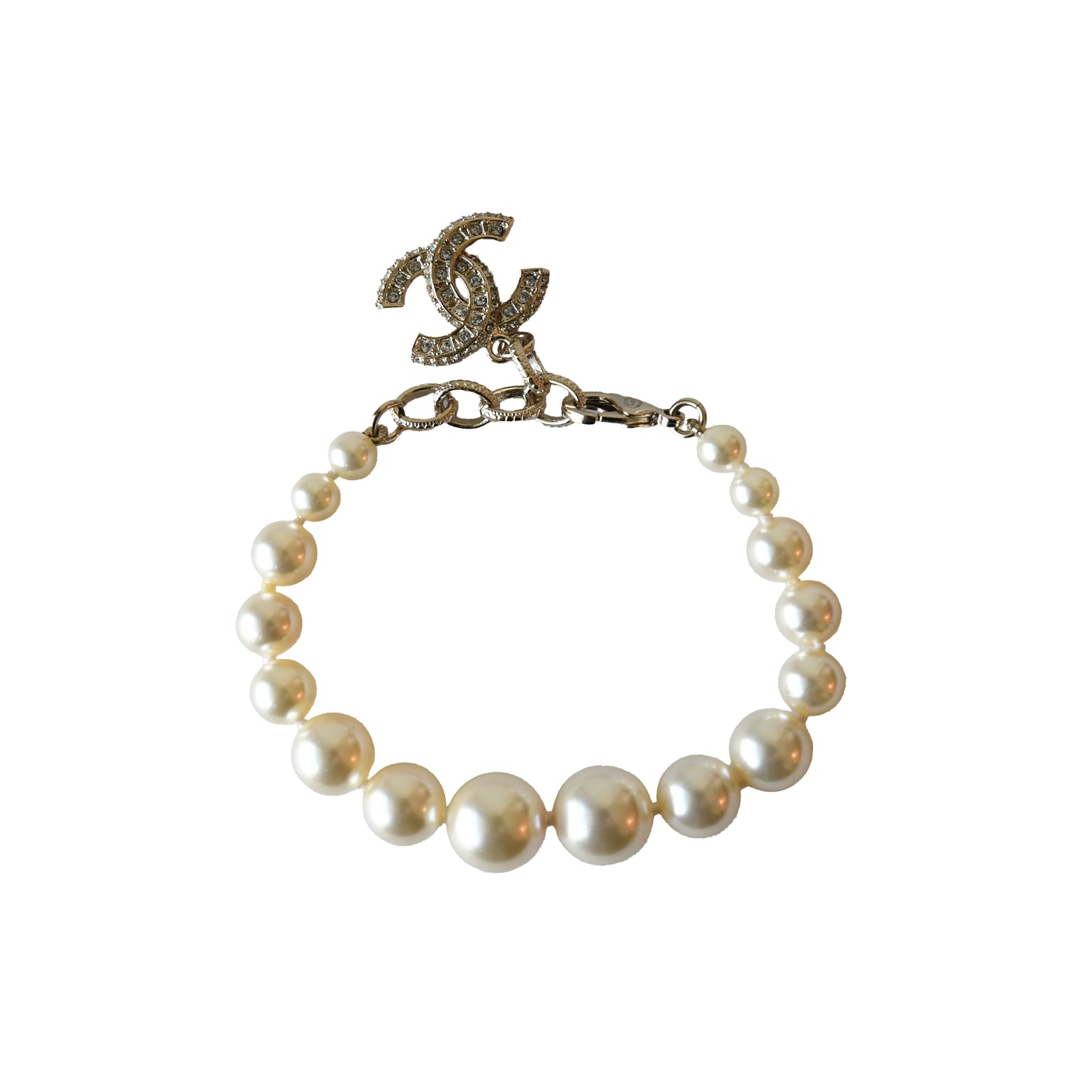 Chanel Crystal Strass Resin CC Pendant Pearl Bracelet Gold