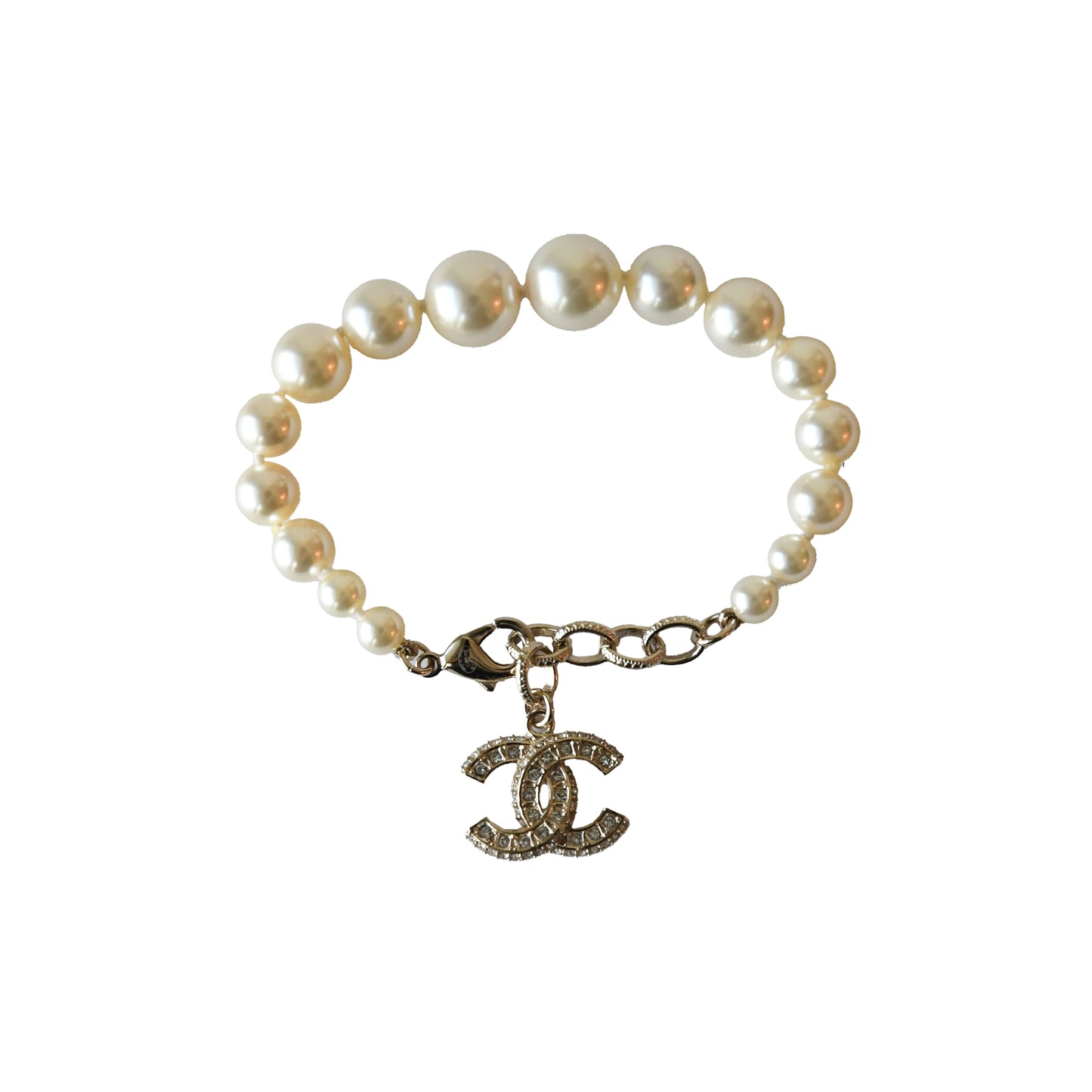 Chanel Crystal Strass Resin CC Pendant Pearl Bracelet Gold