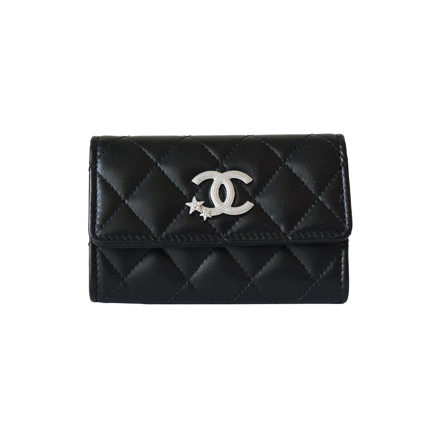 Chanel CC Lambskin Quilted Flap Crystal Star Card Holder Wallet Black