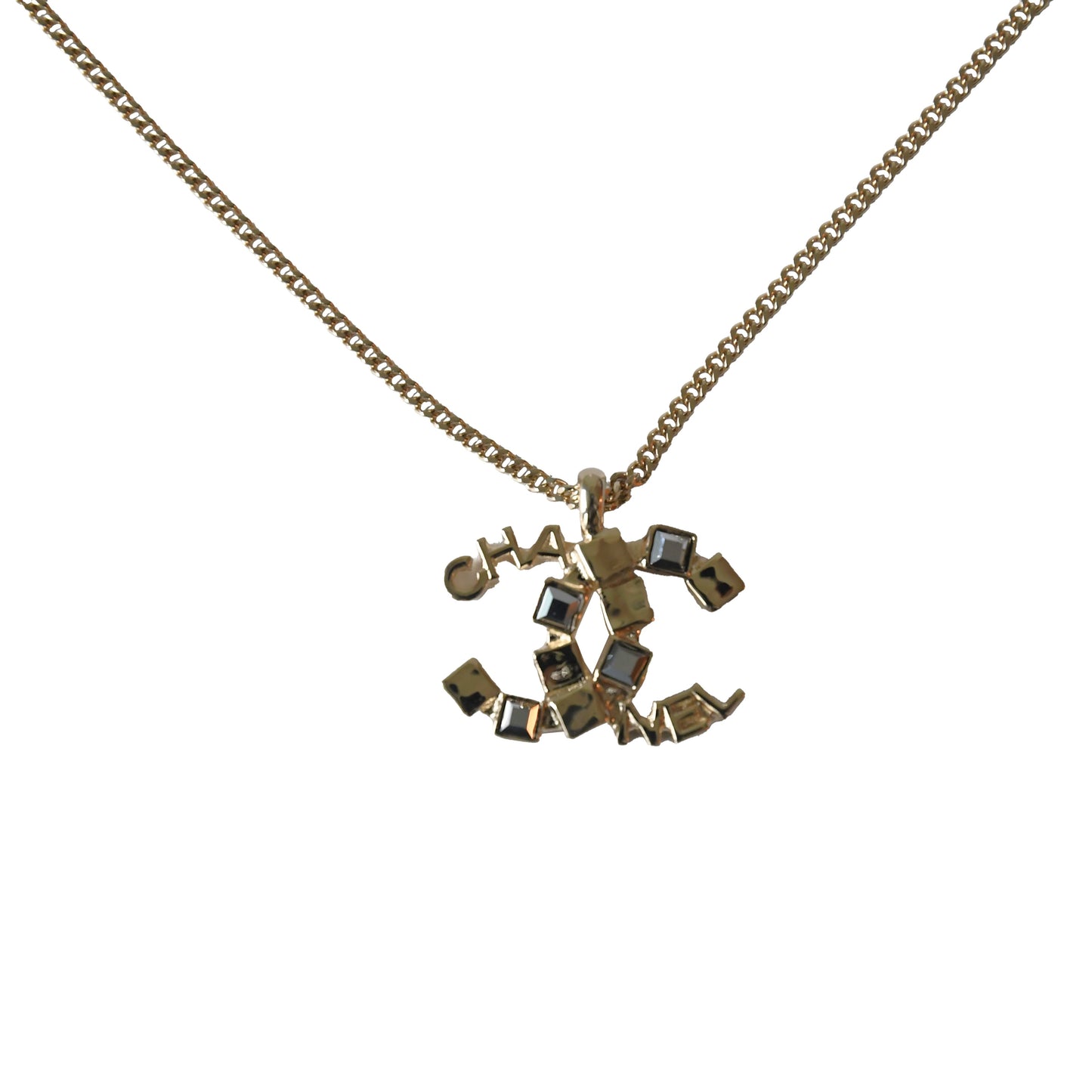 Chanel CC Logo With Square Crystal Strass Pendant Necklace Gold-NOBLEMARS