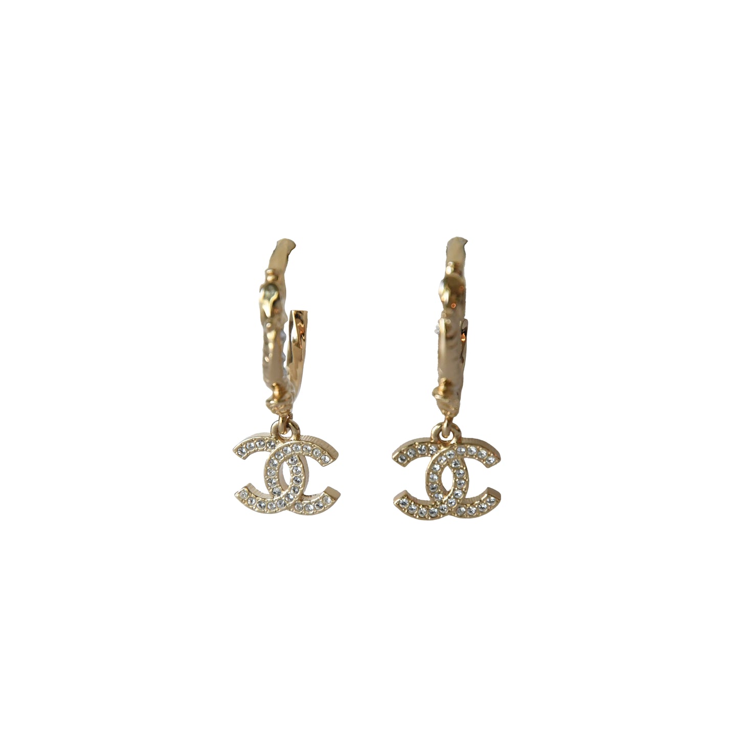Chanel CC Metal Crystal Strass Studded Hoop Drop Earrings Gold-NOBLEMARS