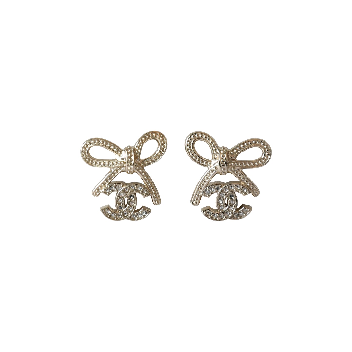 Chanel CC Crystal Strass Bow Stud Earrings Gold-NOBLEMARS