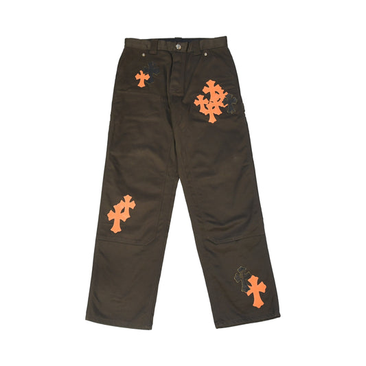 Chrome Hearts Leather Cross Double Knee Pants Brown-NOBLEMARS