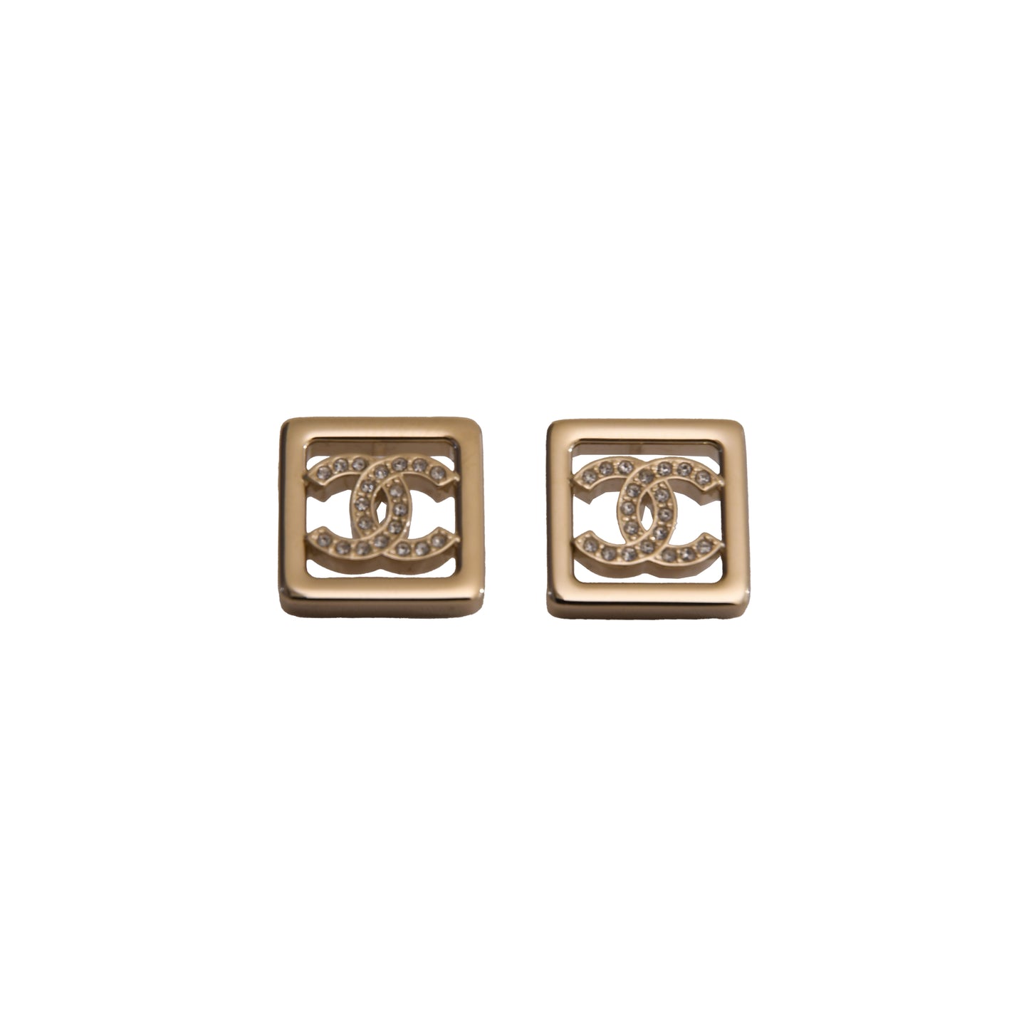 Chanel CC Crystal Strass Square Stud Earrings Gold-NOBLEMARS