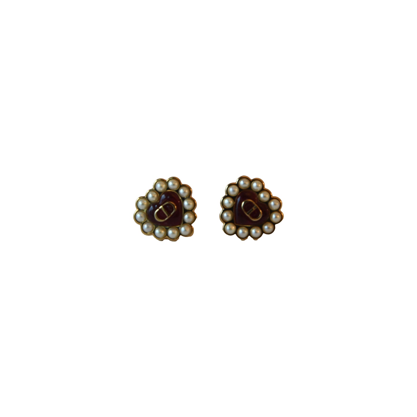 Dior Tribales Petit CD Baroque Heart Pearl Stud Earrings Red Gold-NOBLEMARS