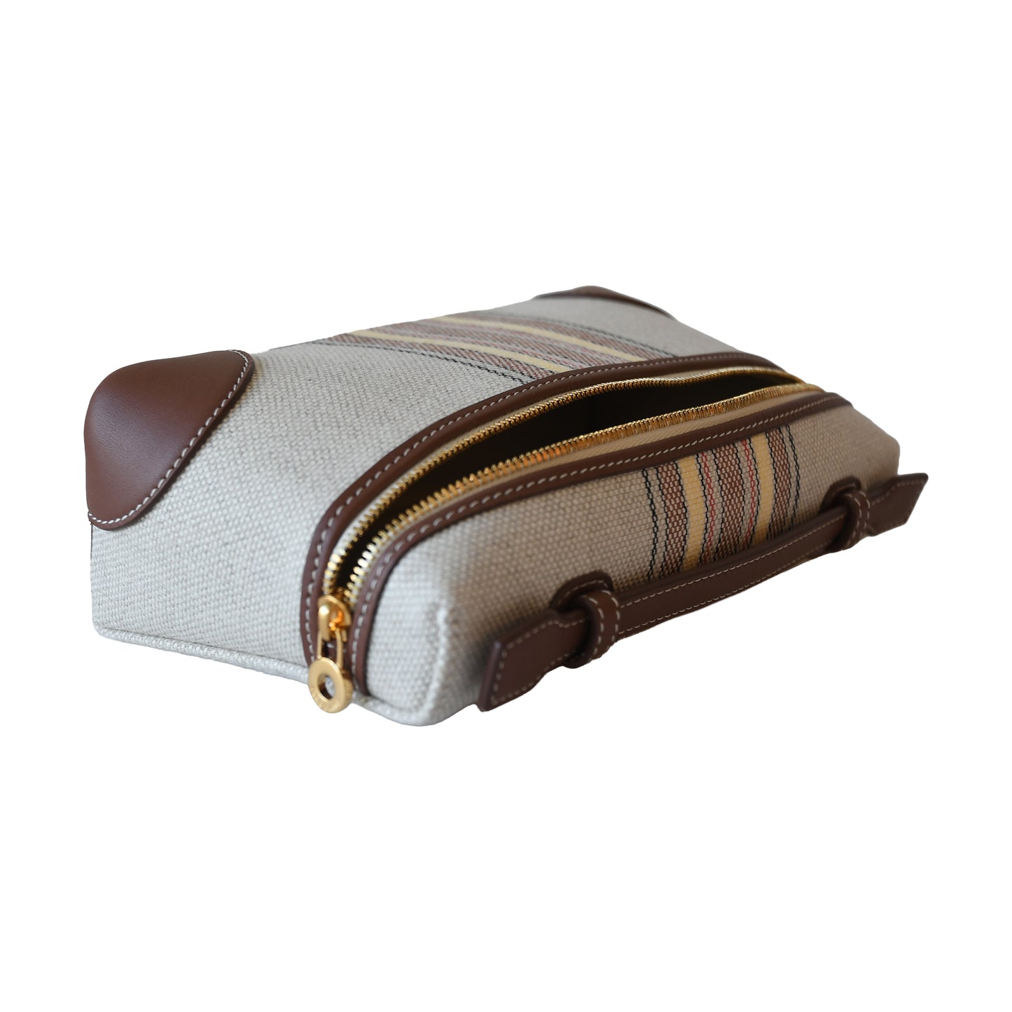 Loro Piana Extra Pocket L19 Pouch Canvas Stripes Gold Hardware Caramel Sugar