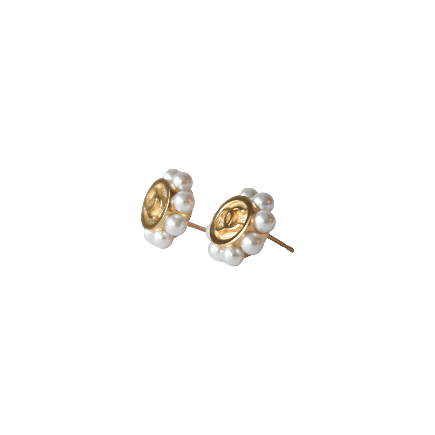 Chanel 26p CC Pearl Surround Stud Earrings Gold