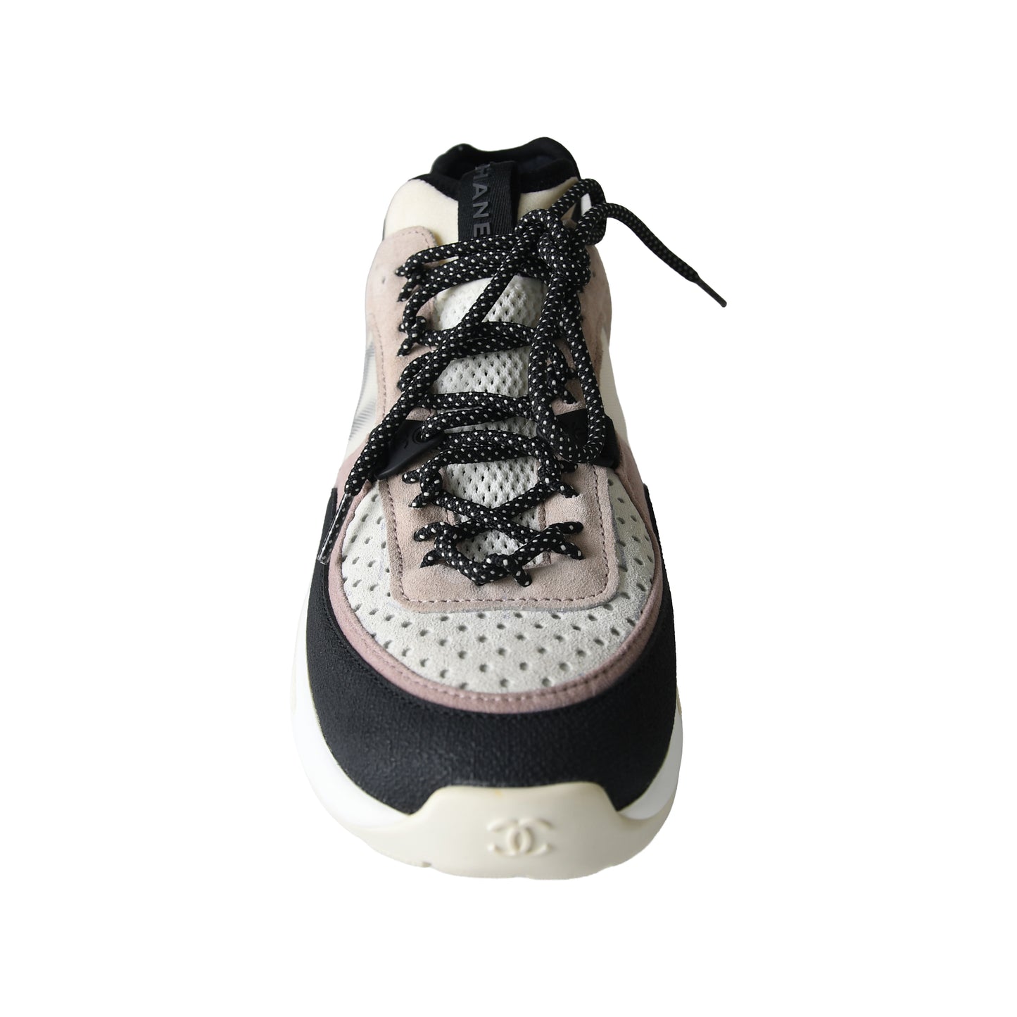 Chanel Suede Calfskin Mixed Fibers CC Sneakers Grey Black Pink-NOBLEMARS