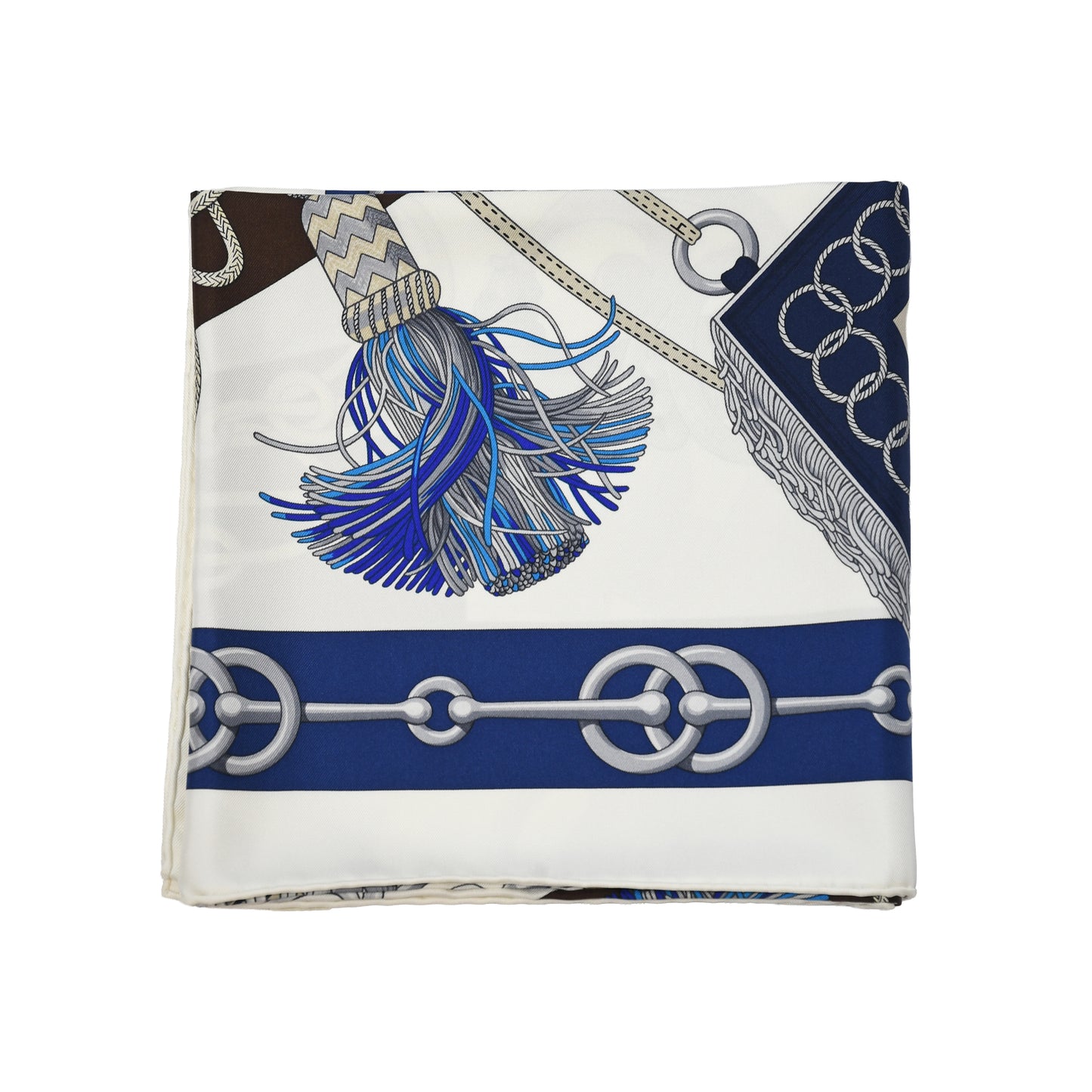 Hermes Cliquetis Twilly Silk Square Scarf White Blue Brown-NOBLEMARS