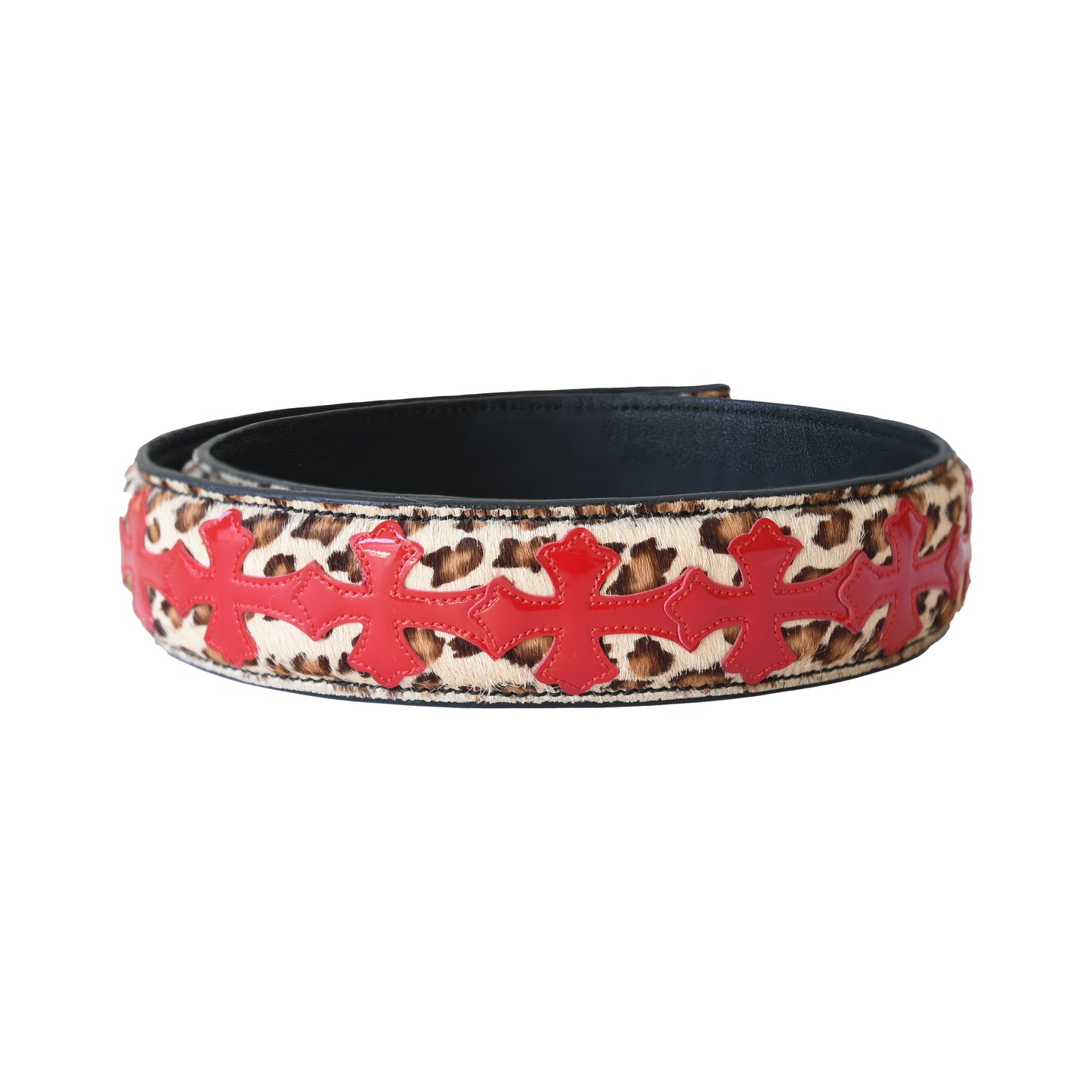 Chrome Hearts Leopard Cross Patch Pony hair Belt Red