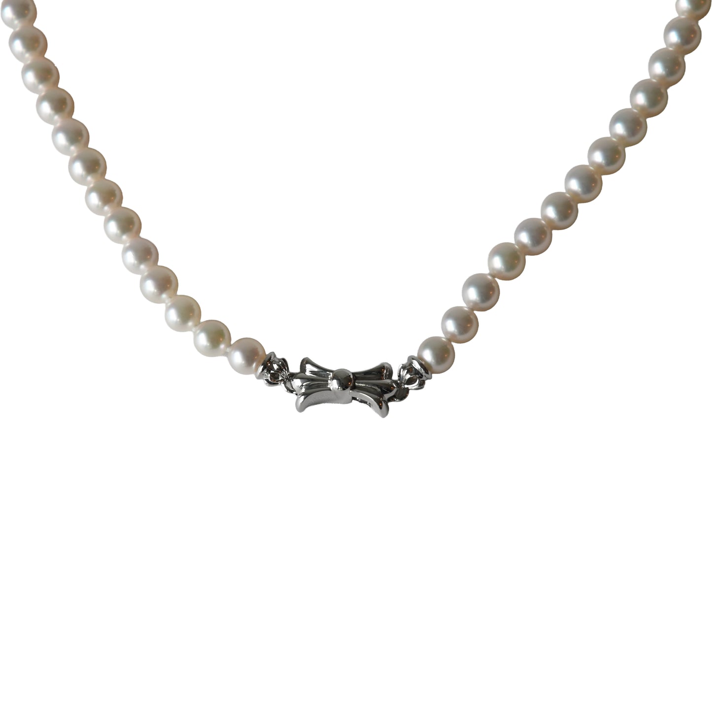 Chrome Hearts Pearl Necklace With Tiny CH Cross Strass Pendant Silver