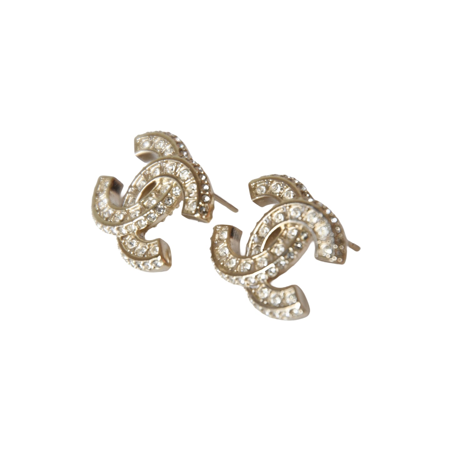 Chanel CC Timeless Crystal Strass Stud Earrings Light Gold