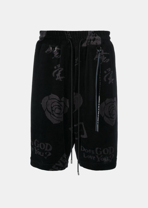 Mastermind Japan Black All-Over Design Velour Shorts - NOBLEMARS