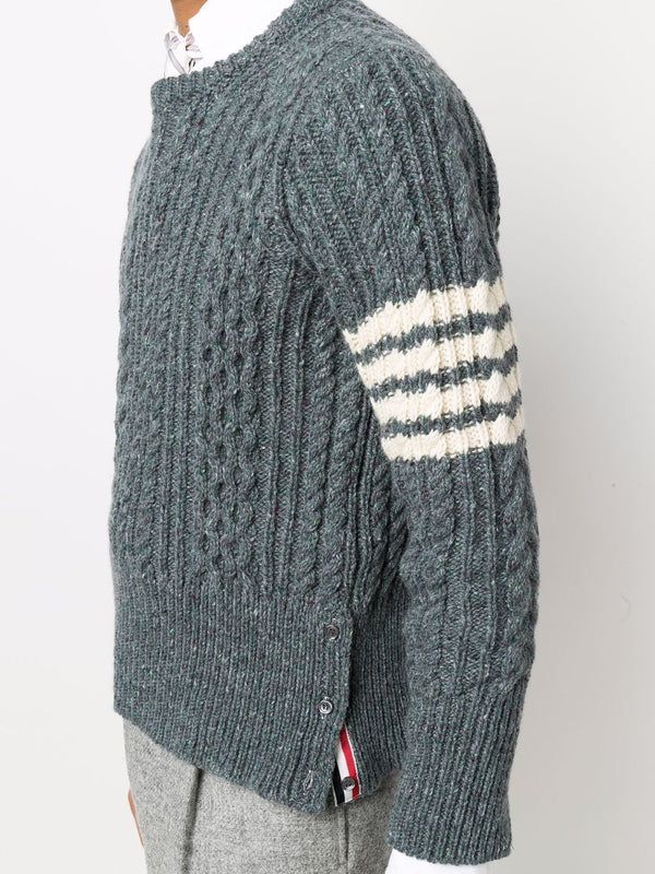 THOM BROWNE MEN ARAN CABLE STITCH PULLOVER W/ 4 BAR IN DONEGAL - NOBLEMARS