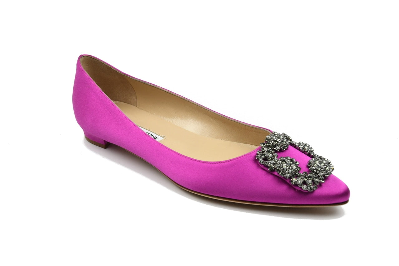 Manolo Blahnik Pink Hangisiflat Fuschia Satin - NOBLEMARS