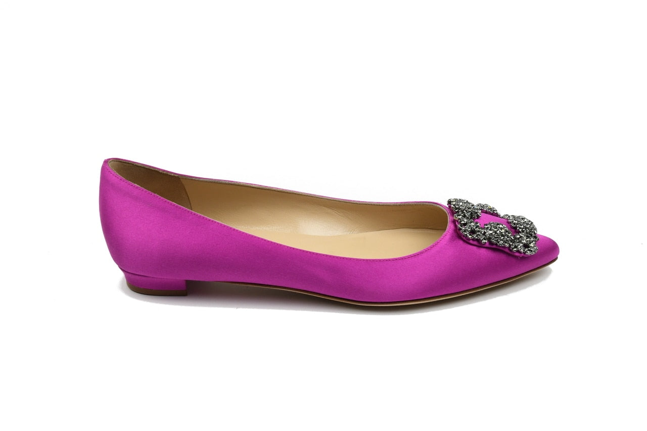 Manolo Blahnik Pink Hangisiflat Fuschia Satin - NOBLEMARS
