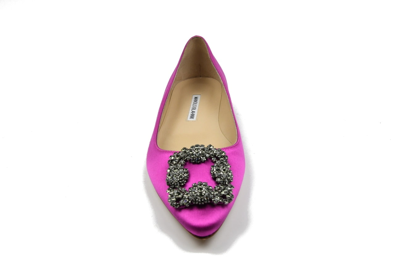 Manolo Blahnik Pink Hangisiflat Fuschia Satin - NOBLEMARS