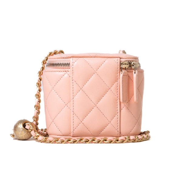 Light Pink Lambskin Quilted Mini Vanity Case With Pearl Chain