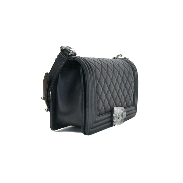 Chanel Small Calfskin Chevron Le Boy Bag Ruthenium Black - NOBLEMARS