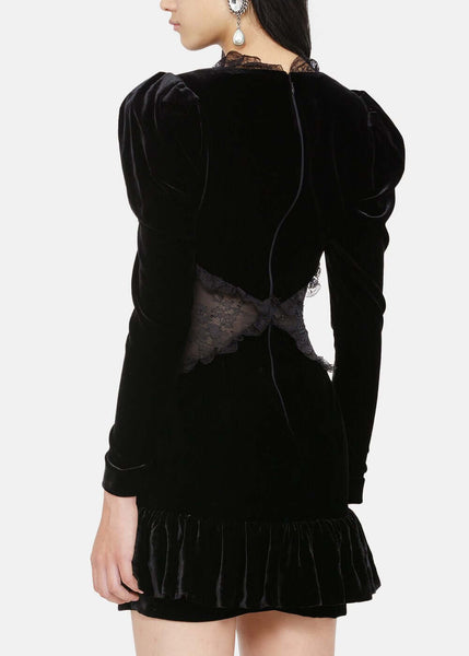Alessandra Rich Black Velvet Lace Paneled Mini Dress