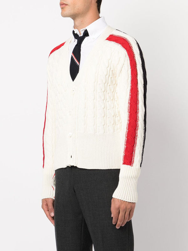 THOM BROWNE MEN CABLE STITCH CARDIGAN W/ RWB SLEEVES IN SUSTAINABLE MERINO WOOL - NOBLEMARS