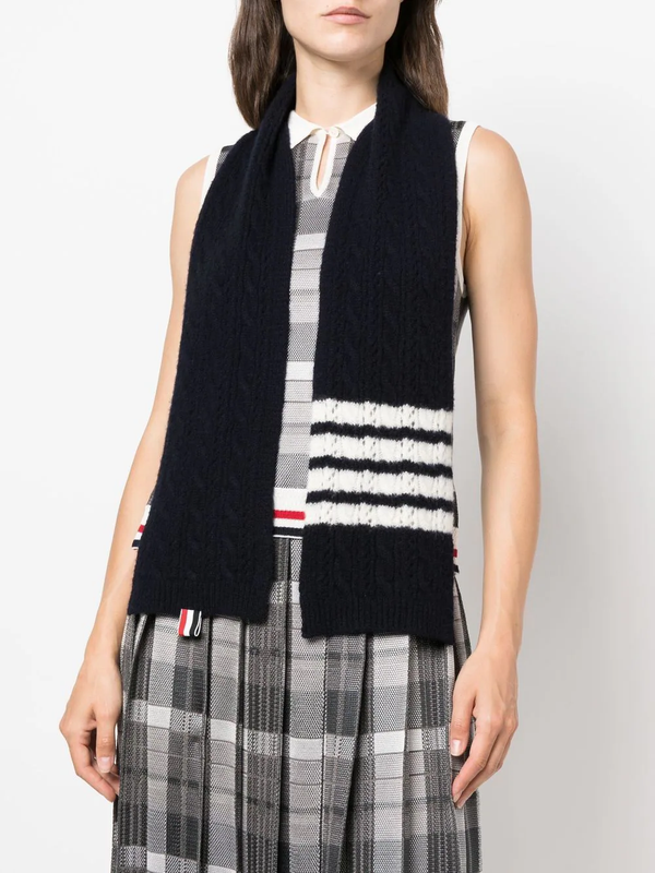 THOM BROWNE CABLE POINTELLE SCARF IN HAIRY SILK/CASHMERE/WOOL BLEND W/ 4 BAR STRIPE - NOBLEMARS