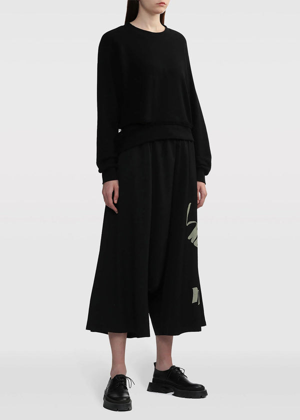 Y'S Black Test Drawing-Print Wool Cropped Trousers