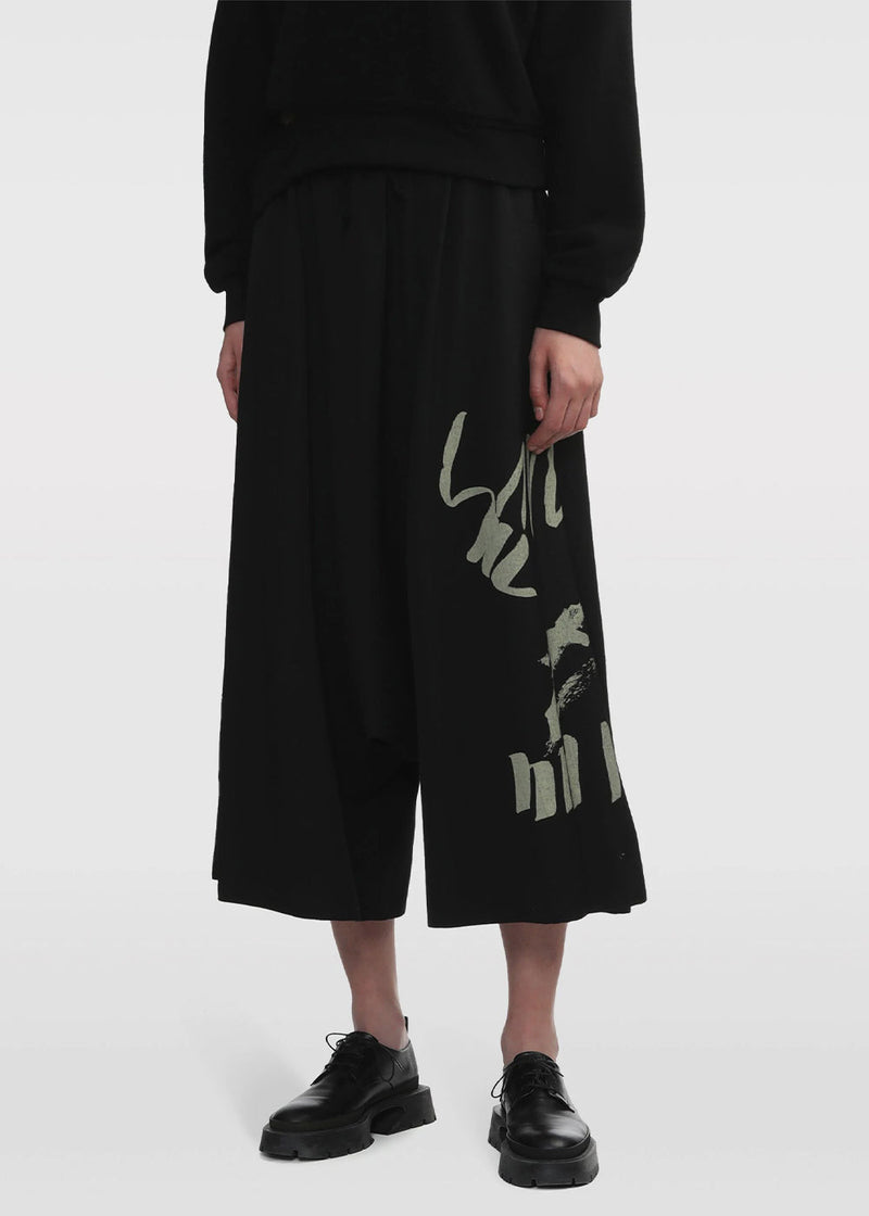 Y'S Black Test Drawing-Print Wool Cropped Trousers