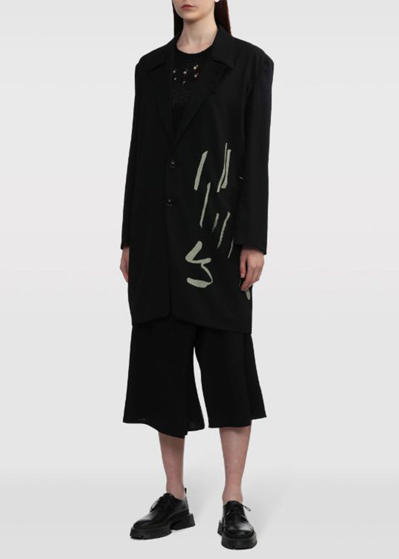 Y'S Black Painterly-Print Wool Coat
