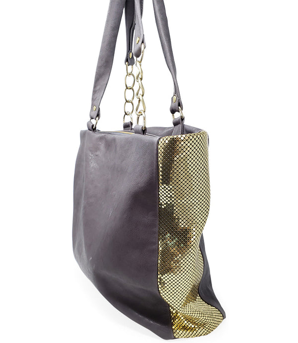 Laura B Milena Grey/Gold Leather Shopper Bag-NOBLEMARS