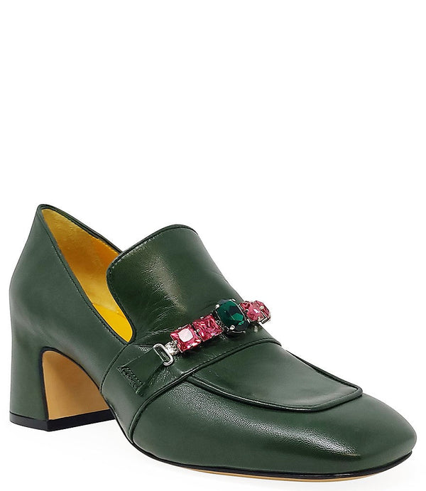 Madison Maison™ Green Leather Mid Heel Jeweled Loafer-NOBLEMARS