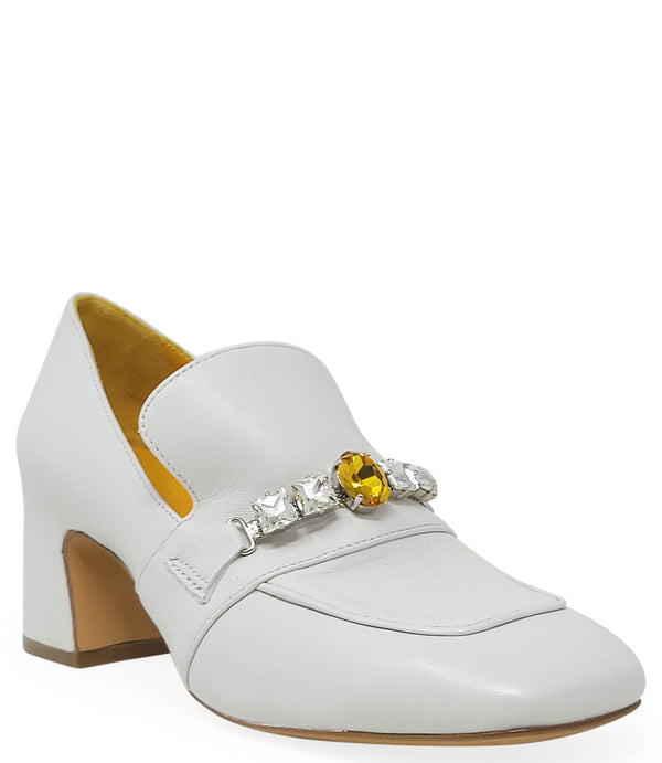 Madison Maison™ White Leather Mid Heel Jeweled Loafer-NOBLEMARS