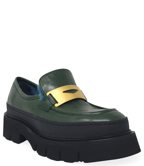 Madison Maison™ Green Leather Chunky Loafer With Shearling-NOBLEMARS