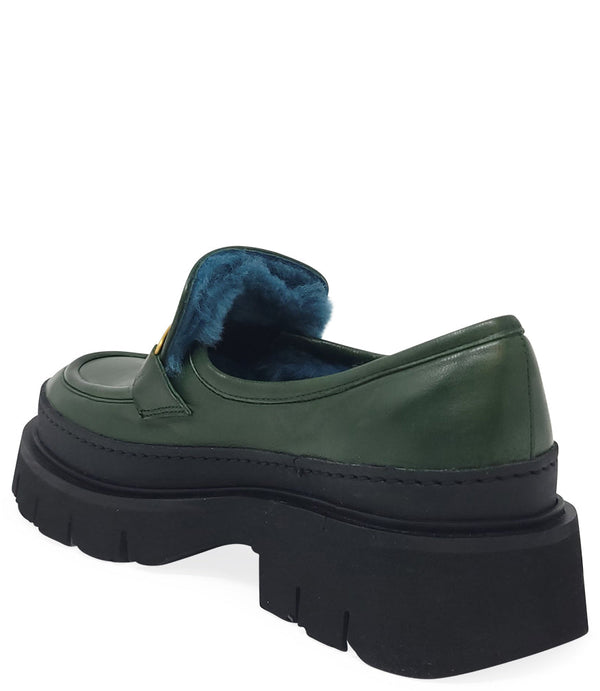 Madison Maison™ Green Leather Chunky Loafer With Shearling-NOBLEMARS