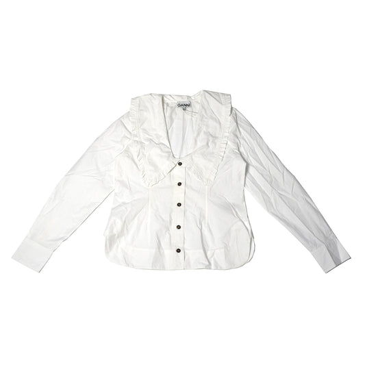 Ganni Poplin V Neck Shirt White - NOBLEMARS