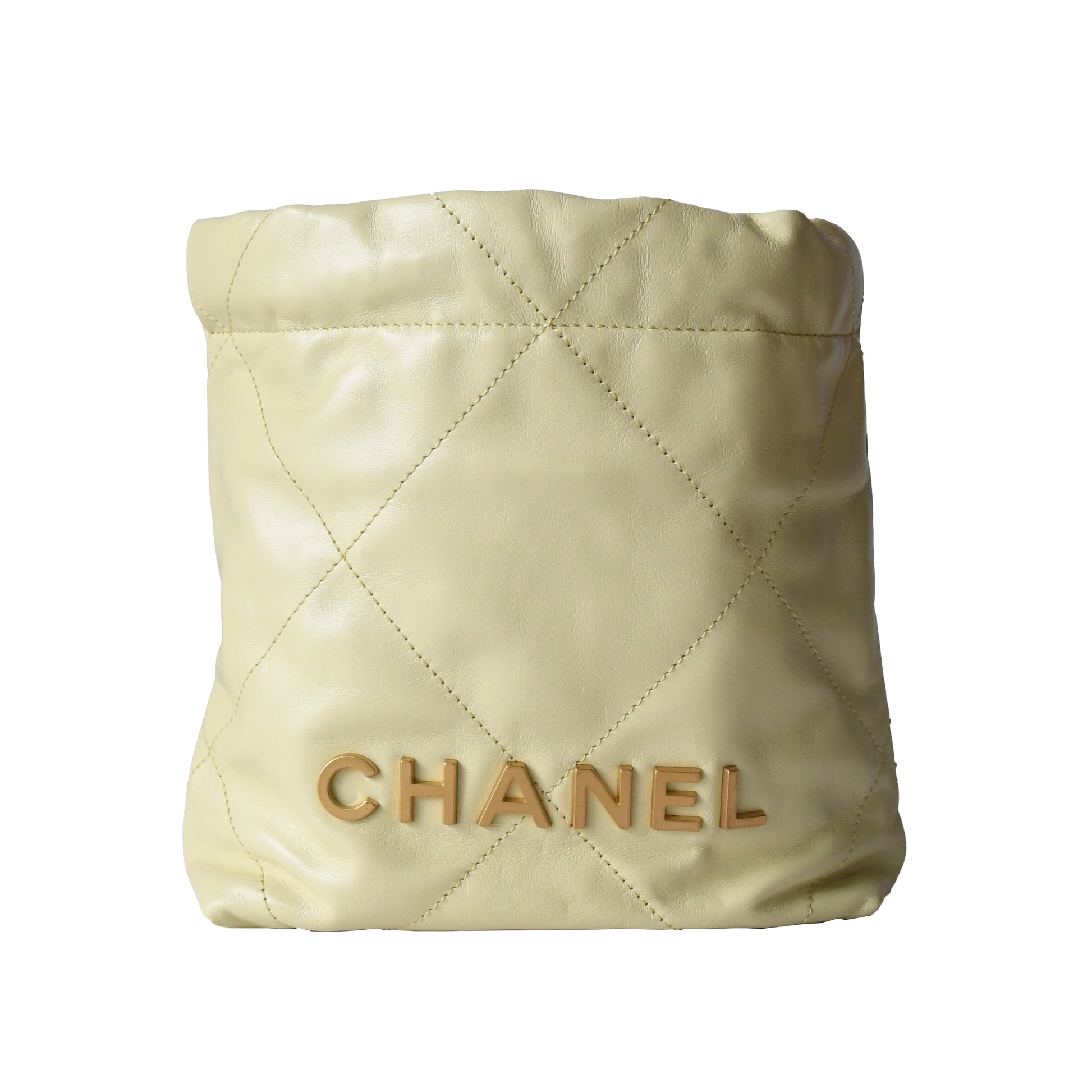 Chanel Shiny Calfskin Quilted Mini Chanel 22 Tote Bag Gold Hardware Light Yellow - NOBLEMARS