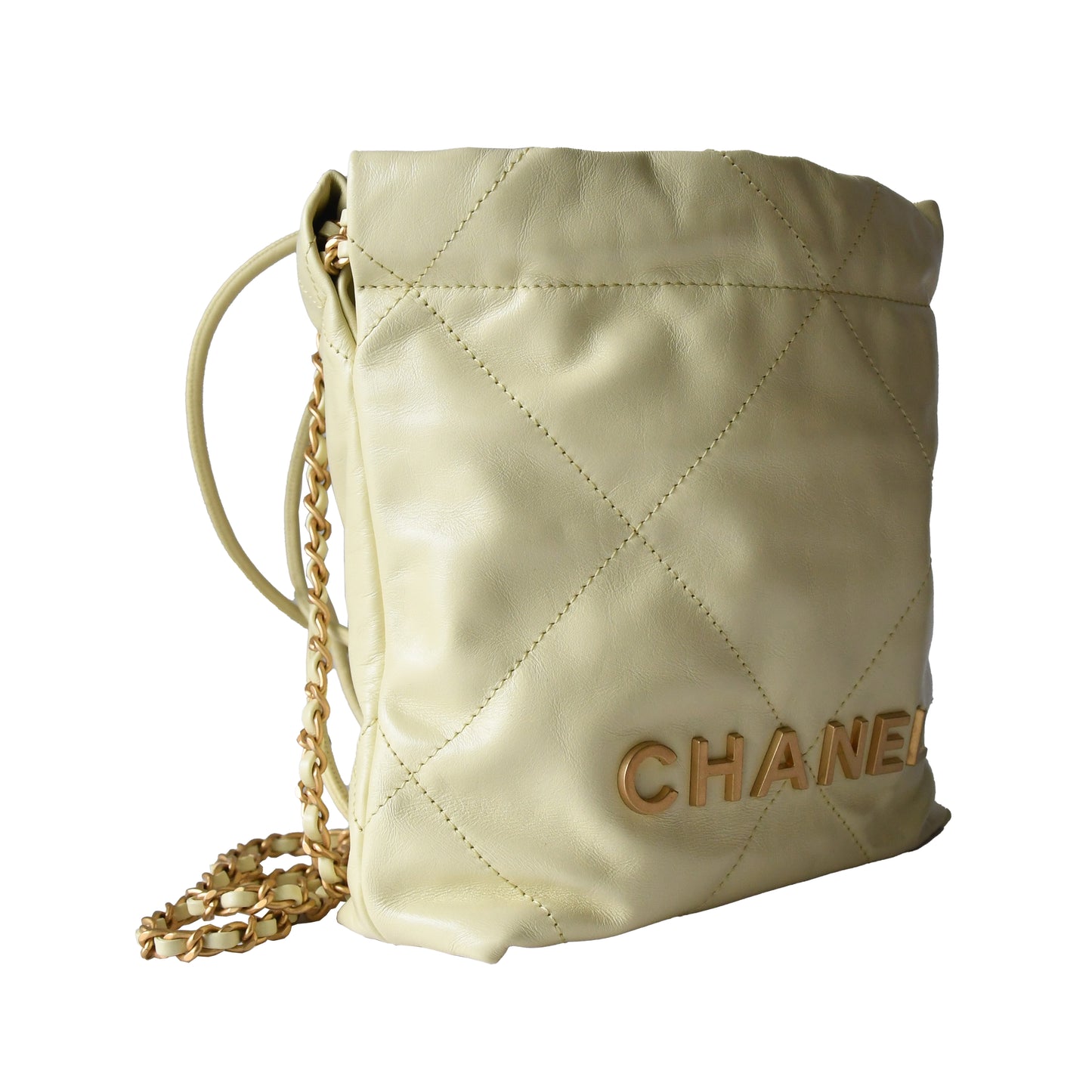 Chanel Shiny Calfskin Quilted Mini Chanel 22 Tote Bag Gold Hardware Light Yellow - NOBLEMARS
