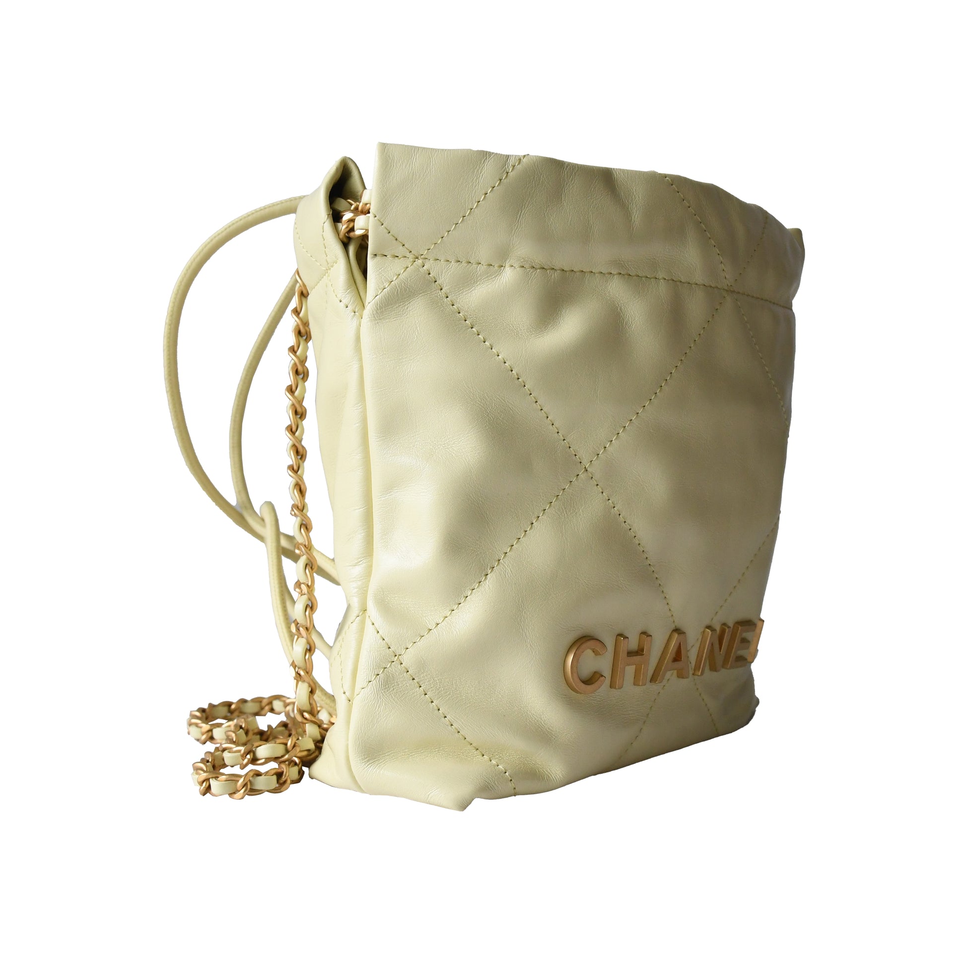 Chanel Shiny Calfskin Quilted Mini Chanel 22 Tote Bag Gold Hardware Light Yellow - NOBLEMARS
