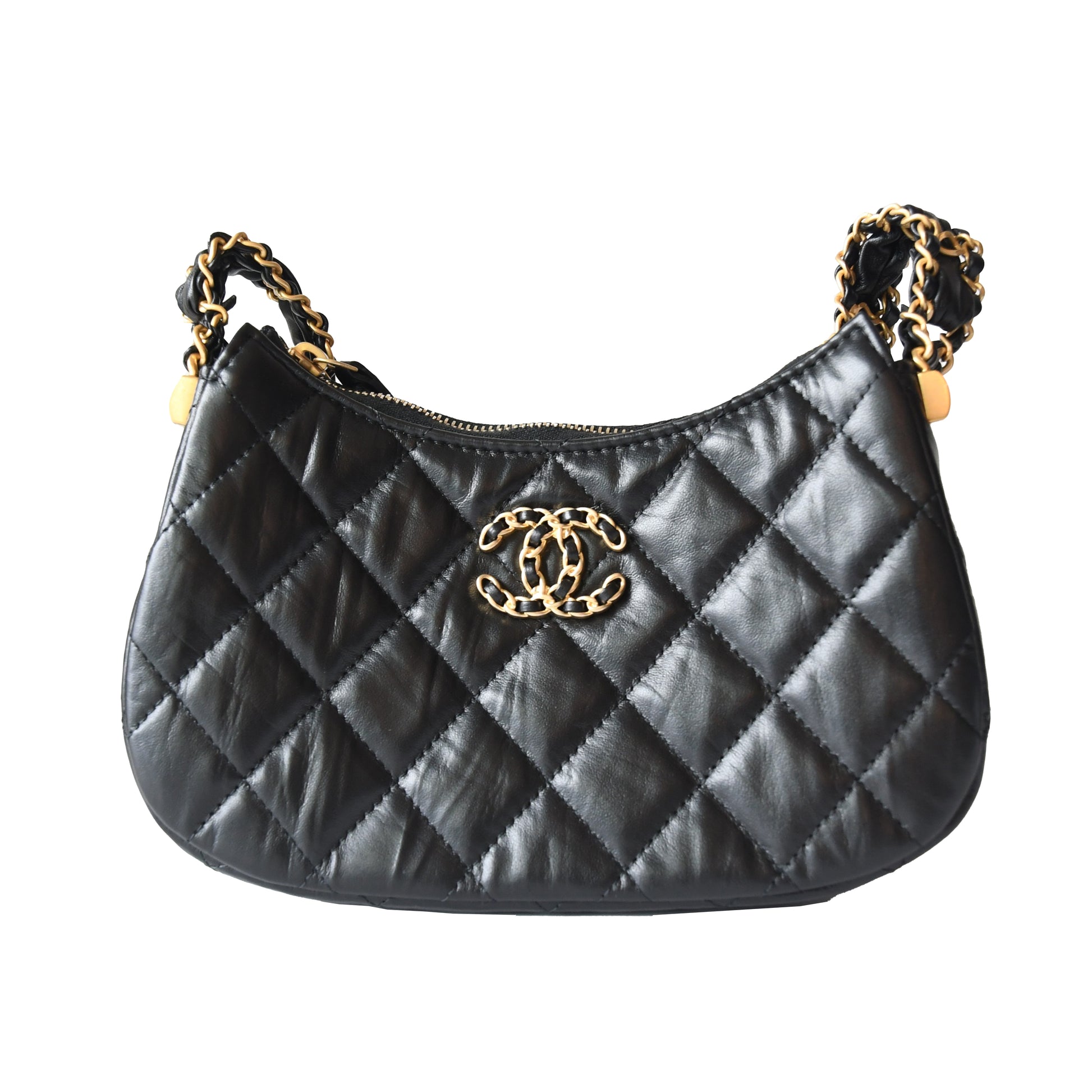Chanel Aged Calfskin Quilted Hobo Bag Gold Hardware Black - NOBLEMARS