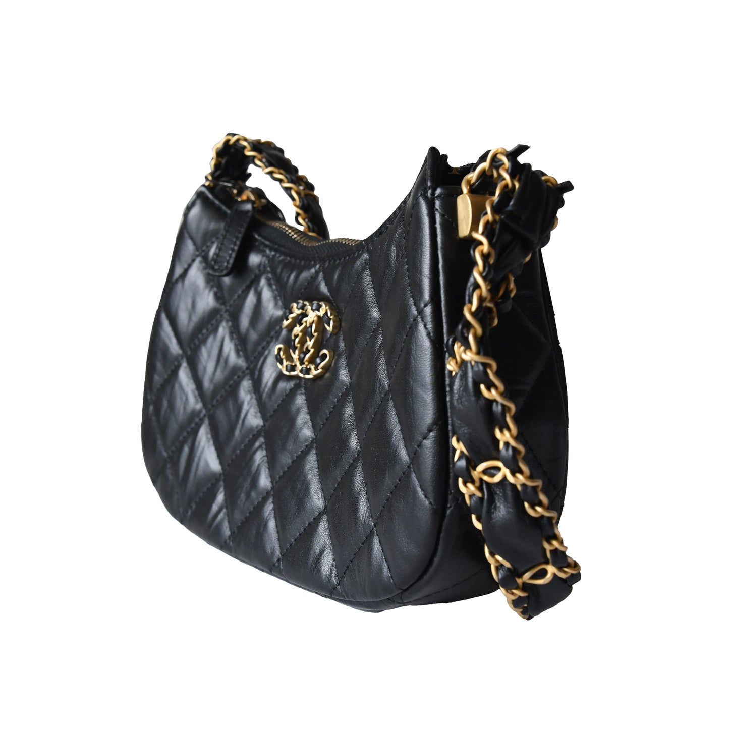 Chanel Aged Calfskin Quilted Hobo Bag Gold Hardware Black - NOBLEMARS