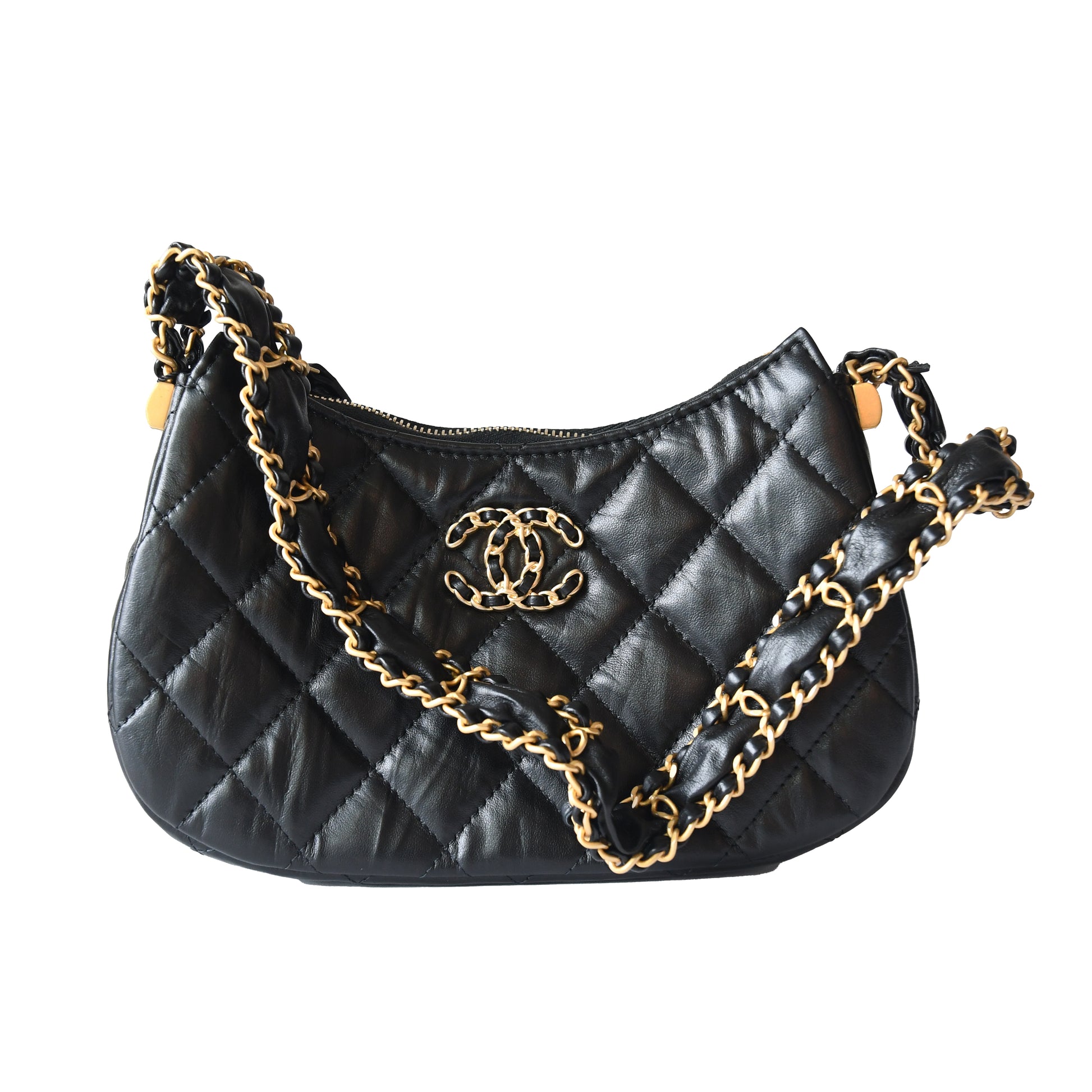 Chanel Aged Calfskin Quilted Hobo Bag Gold Hardware Black - NOBLEMARS