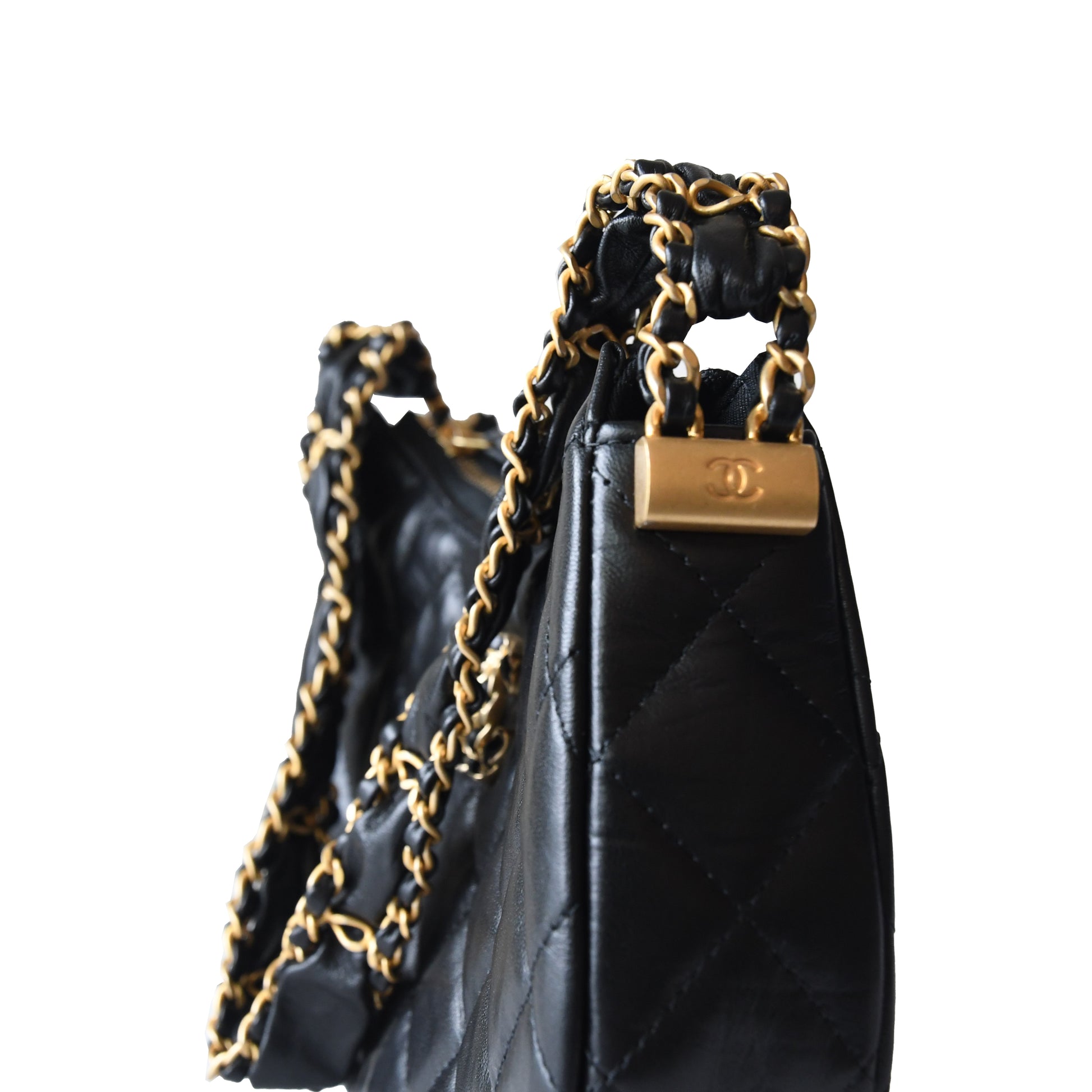 Chanel Aged Calfskin Quilted Hobo Bag Gold Hardware Black - NOBLEMARS