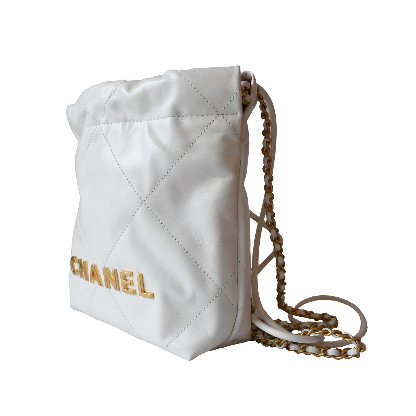 Chanel Shiny Calfskin Quilted Mini Chanel 22 Tote Bag Gold Hardware White - NOBLEMARS