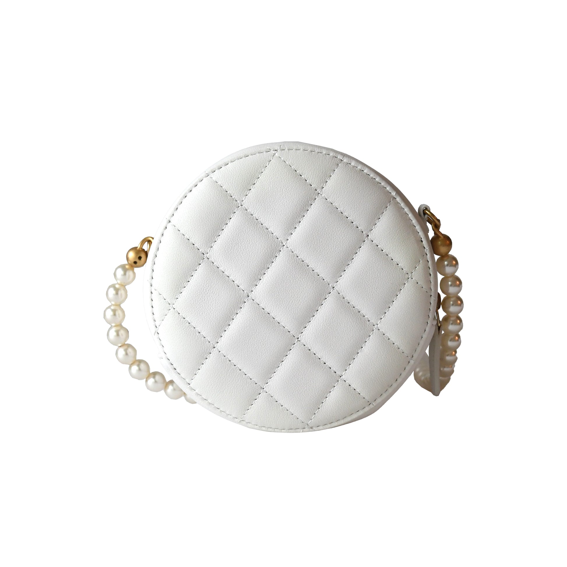 Chanel Calfskin Quilted Pearl Round Clutch With Chain White - NOBLEMARS
