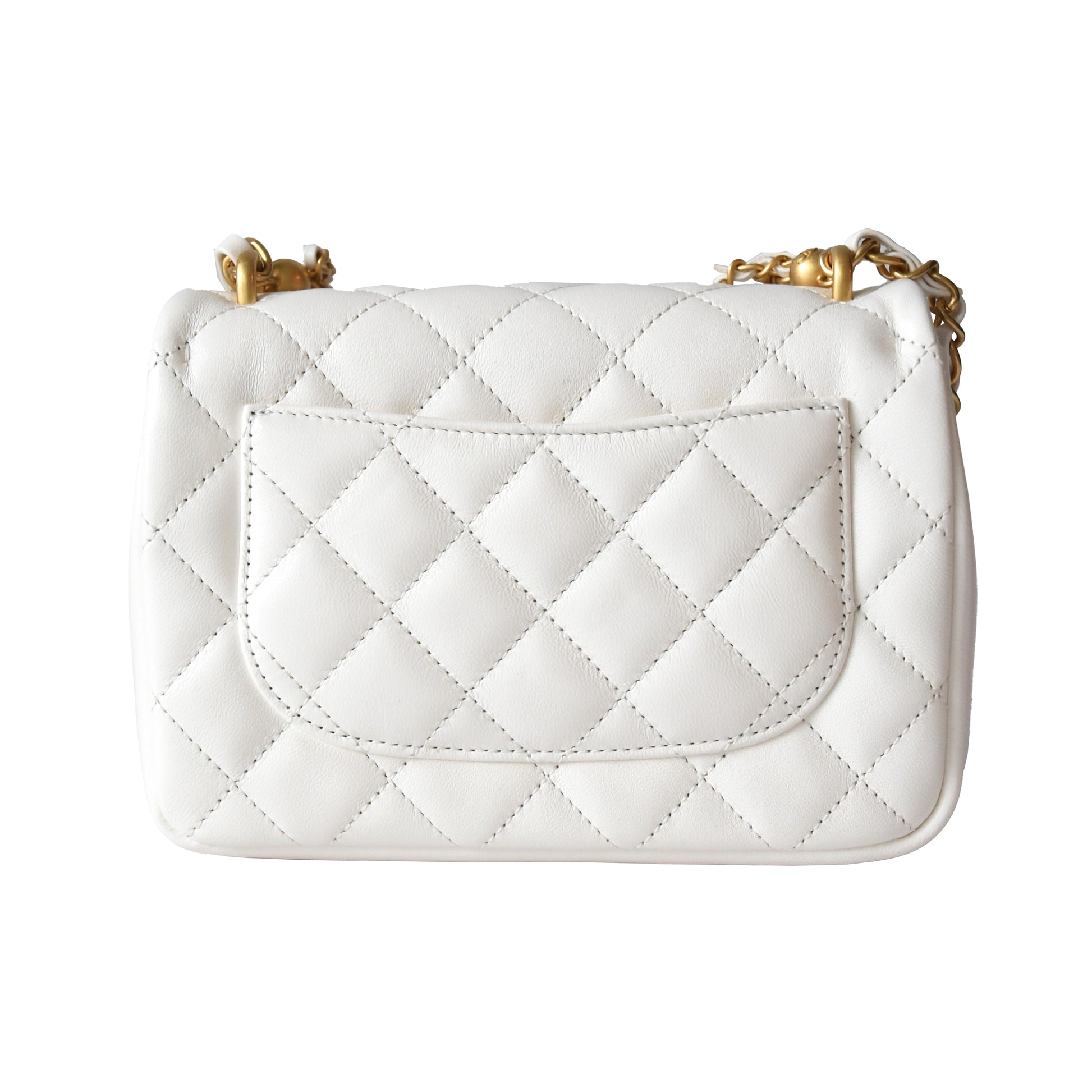 Chanel Shiny Lambskin Quilted Pearl Twist Square Flap Bag Gold Hardware White - NOBLEMARS
