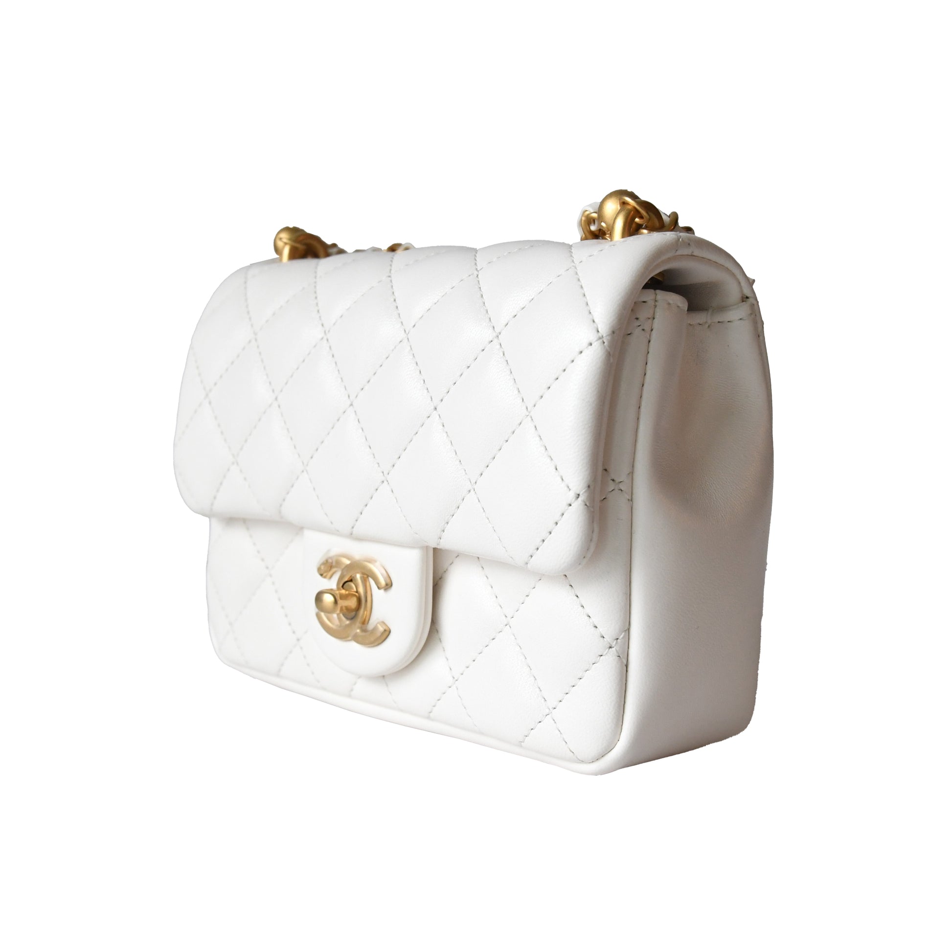 Chanel Shiny Lambskin Quilted Pearl Twist Square Flap Bag Gold Hardware White - NOBLEMARS